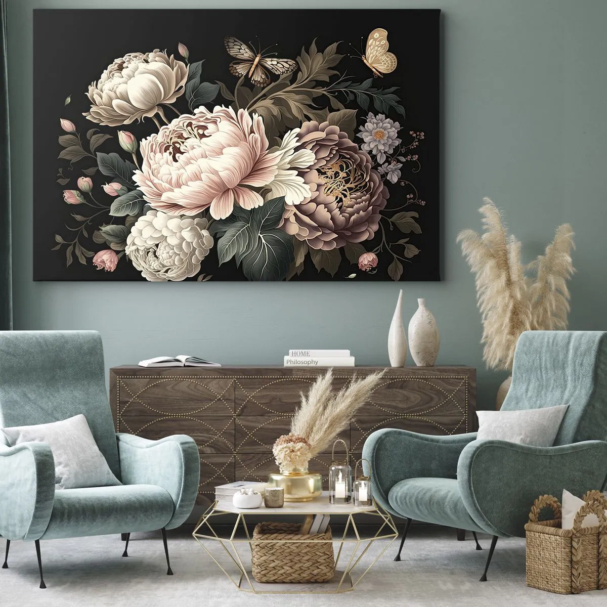Bild auf Leinwand - Leinwandbild - Ein Strauß rosa Blumen und Schmetterlinge auf schwarzem Hintergrund - 70x50cm - Im Barockstil - Moderne Wanddekoration für Wohnzimmer und Schlafzimmer ARTTOR