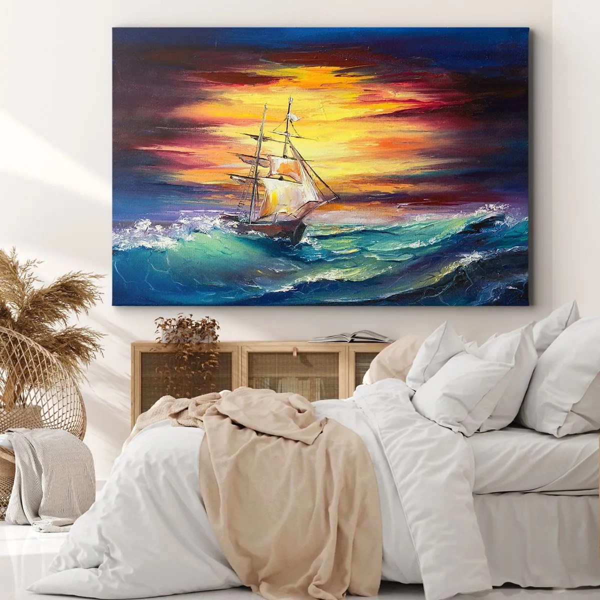 Bild auf Leinwand - Leinwandbild - Ein Segelschiff vor der Kulisse eines farbenfrohen Sonnenuntergangs - 120x80cm - Tapfer unter den Wellen - Moderne Wanddekoration für Wohnzimmer und Schlafzimmer ARTTOR