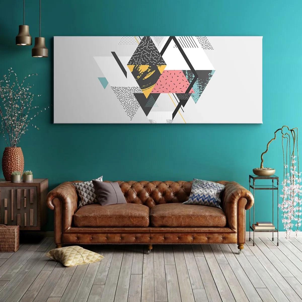 Bild auf Leinwand - Leinwandbild - Geometrische Muster auf hellem Hintergrund - 160x50cm - Variation über Dreieck und Raute - Moderne Wanddekoration für Wohnzimmer und Schlafzimmer ARTTOR