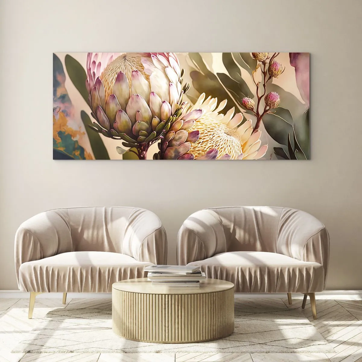 Glasbild - Bild auf glas - Bunte Protea-Blüten auf zartem Hintergrund - 140x50cm - Zärtlich umarmt - Moderne Wanddekoration für Wohnzimmer und Schlafzimmer ARTTOR