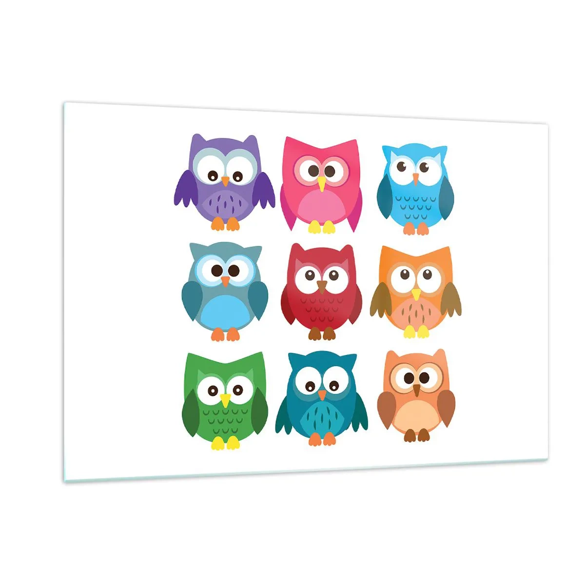 Glasbild - Bild auf glas - Bunte Eulen im Cartoon-Stil auf weißem Hintergrund - 120x80cm - Es macht Spaß, anders zu sein - Moderne Wanddekoration für Wohnzimmer und Schlafzimmer ARTTOR