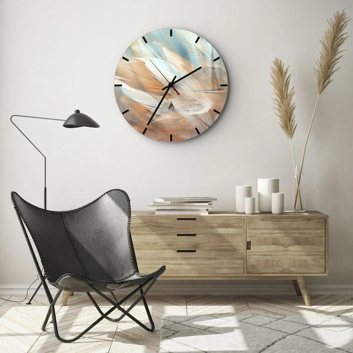 Wanduhr - Glasuhr - Zarte Federn in Pastelltönen von Blau und Pfirsich - 30x30cm - Im Land der Sanftmut - Moderne Wanddekoration für Wohnzimmer, Küche und Schlafzimmer ARTTOR