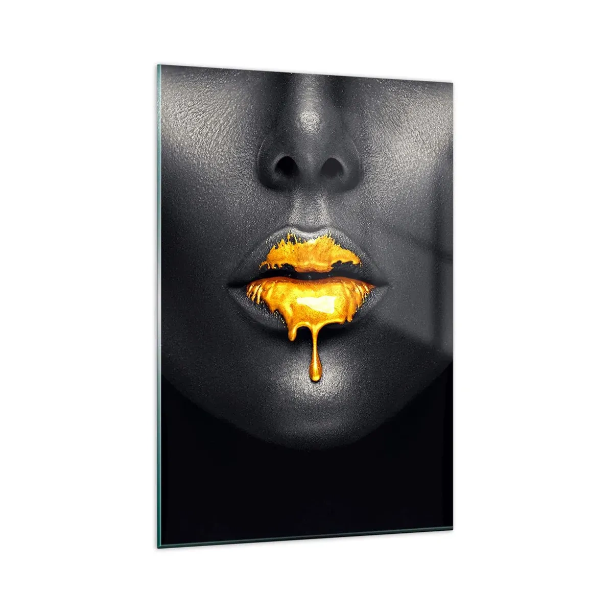 Glasbild - Bild auf glas - Schwarz-goldenes Porträt einer Frau mit einem Tropfen Gold auf den Lippen - 80x120cm - Goldmaul - Moderne Wanddekoration für Wohnzimmer und Schlafzimmer ARTTOR
