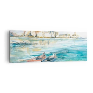 Bild auf Leinwand - Leinwandbild - Eine malerische Küstenlandschaft mit Booten auf dem Wasser - 140x50cm - Landschaft in Azurblau - Moderne Wanddekoration für Wohnzimmer und Schlafzimmer ARTTOR