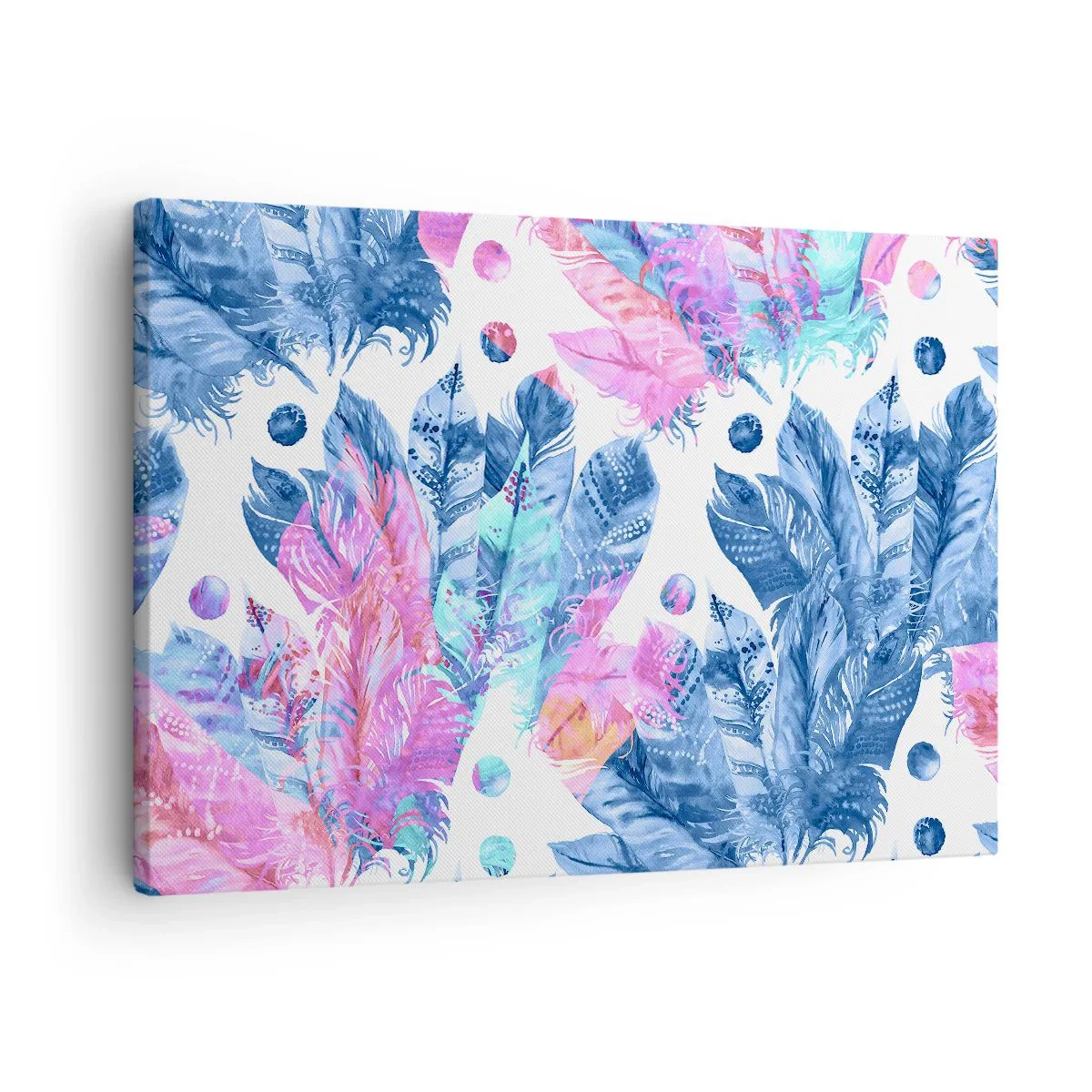 Bild auf Leinwand - Leinwandbild - Abstraktes Muster mit bunten Federn in Pastelltönen - 70x50cm - Pflaumen in Pink und Blau - Moderne Wanddekoration für Wohnzimmer und Schlafzimmer ARTTOR