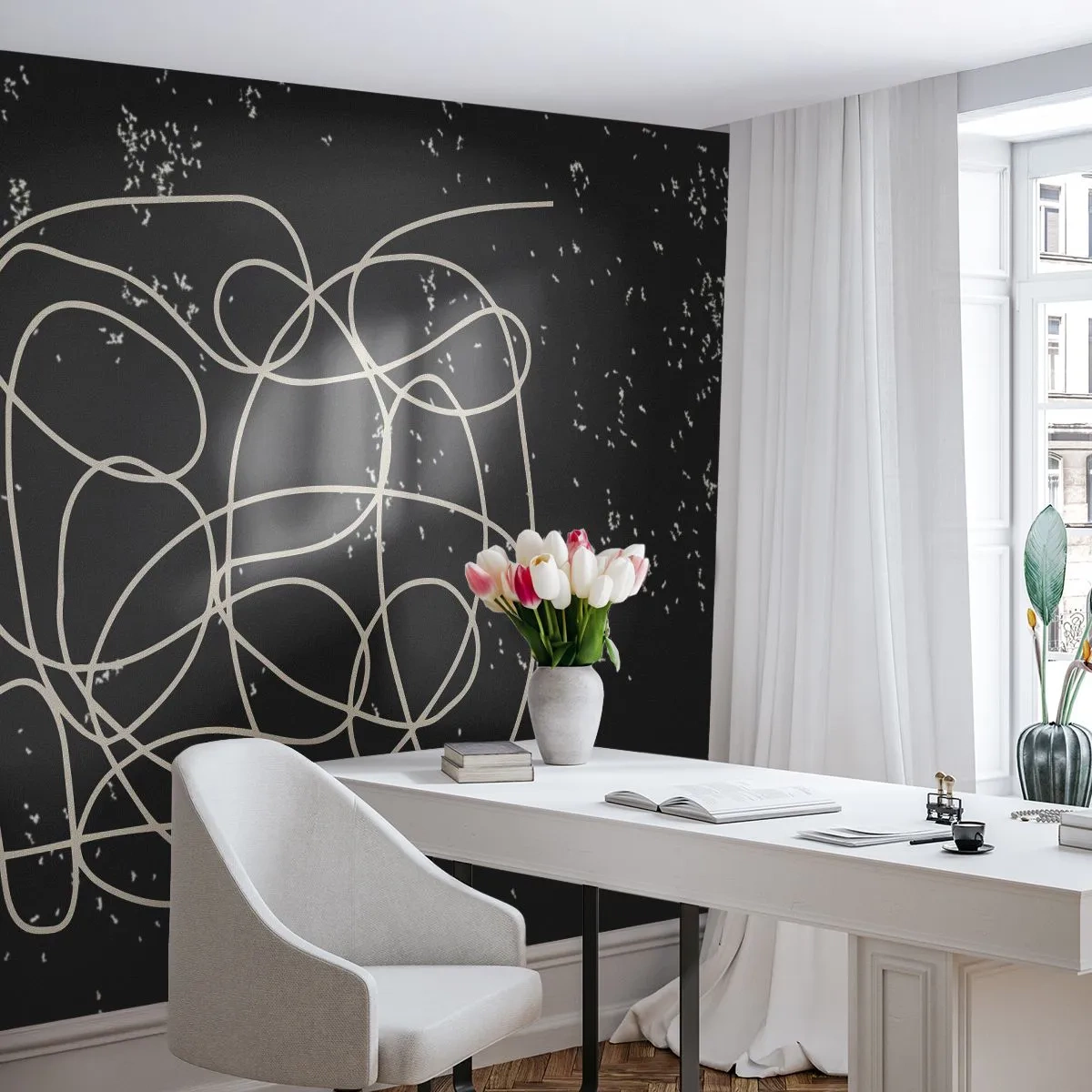 Fototapete Standard Eco - Abstrakte weiße Linien auf einem strukturierten schwarzen Hintergrund - 100x70cm - Wandernde, umherschweifende Gedanken - Moderne Wanddekoration für Wohnzimmer und Schlafzimmer ARTTOR