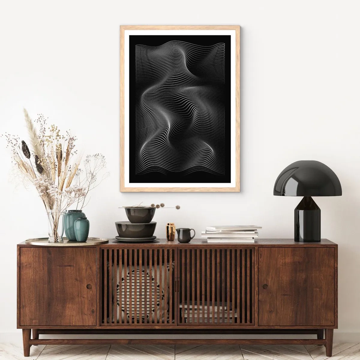 Poster in einem Rahmen aus heller Eiche - Lichttanz im Raum - 50x70 cm