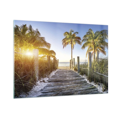 Glasbild - Bild auf glas - Holzweg am Strand, umgeben von Palmen - 100x70cm - Direkt ins Paradies - Moderne Wanddekoration für Wohnzimmer und Schlafzimmer ARTTOR