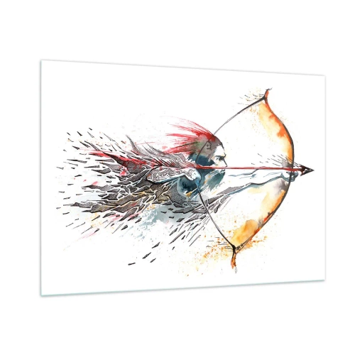 Glasbild - Bild auf glas - Bogenschütze in einer dynamischen Aquarellkulisse - 100x70cm - Mythischer Krieger mit feurigem Bogen - Moderne Wanddekoration für Wohnzimmer und Schlafzimmer ARTTOR
