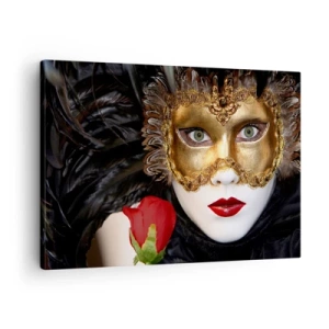 Bild auf Leinwand - Leinwandbild - Goldene venezianische Maske mit Federn und einer roten Rose, geheimnisvolles Motiv. - 70x50cm - Denn das Leben ist ein großer Ball - Moderne Wanddekoration für Wohnzimmer und Schlafzimmer ARTTOR