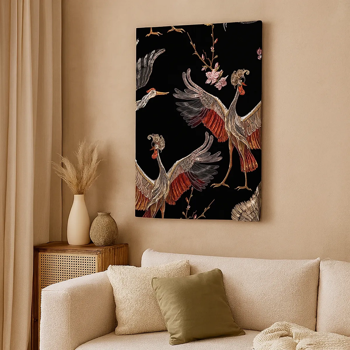 Bild auf Leinwand - Leinwandbild - Stilvolle Kraniche und Blumen auf schwarzem Hintergrund - 50x70cm - Märchenvogel - Moderne Wanddekoration für Wohnzimmer und Schlafzimmer ARTTOR