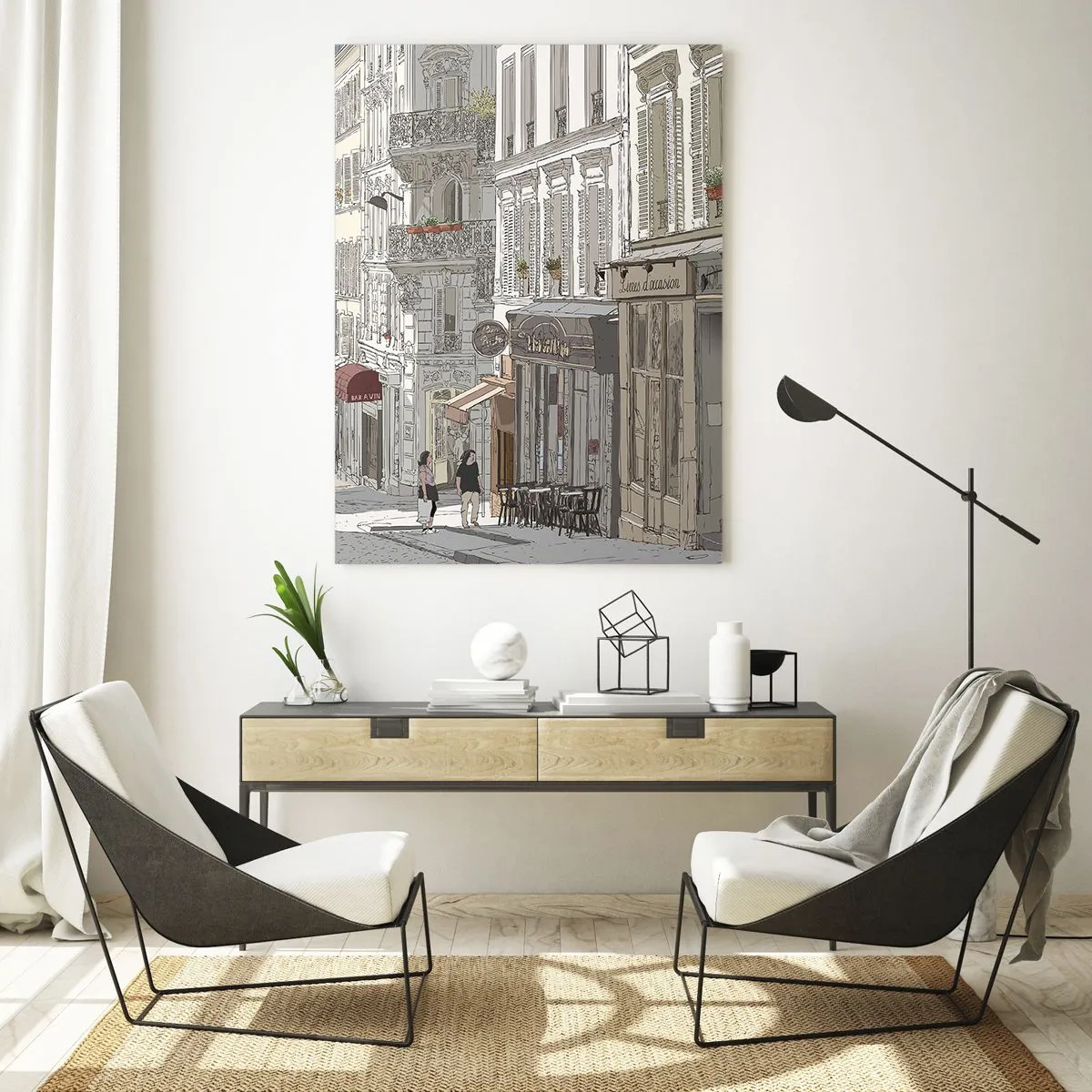 Glasbild - Bild auf glas - Eine Straße mit Cafés im künstlerischen urbanen Stil - 50x70cm - Stadtfreuden - Moderne Wanddekoration für Wohnzimmer und Schlafzimmer ARTTOR