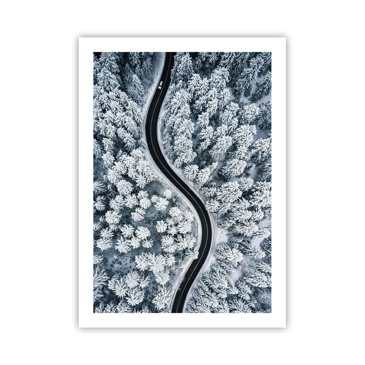 Poster - Eine malerische Straße zwischen schneebedeckten Bäumen aus der Vogelperspektive - 50x70cm - Durch den Winterwald - Moderne Wanddekoration für Wohnzimmer und Schlafzimmer ARTTOR