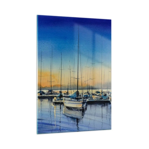 Glasbild - Bild auf glas - Segelboote im Hafen bei Sonnenuntergang - 50x70cm - Ende eines guten Tages - Moderne Wanddekoration für Wohnzimmer und Schlafzimmer ARTTOR