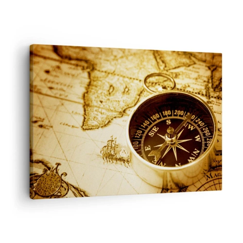 Bild auf Leinwand - Leinwandbild - Ein antiker Kompass vor dem Hintergrund einer alten Weltkarte - 70x50cm - Ost oder West? - Moderne Wanddekoration für Wohnzimmer und Schlafzimmer ARTTOR