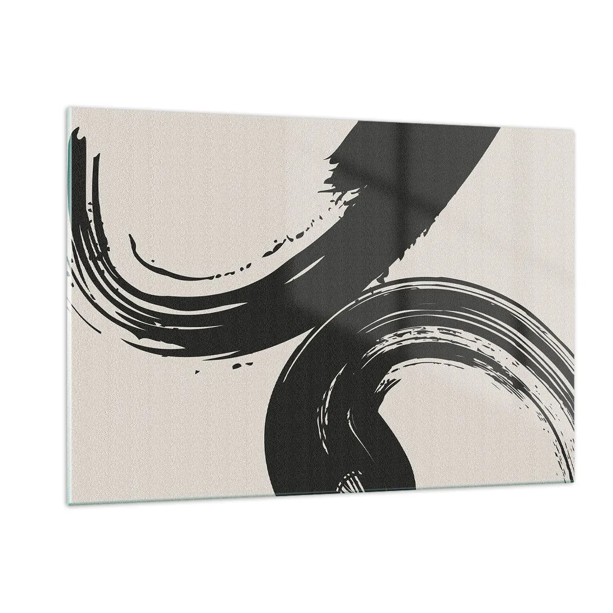 Glasbild - Bild auf glas - Schwarze, dynamische kalligrafische Pinselstriche auf hellem Hintergrund. - 120x80cm - Ausladend und kreisförmig - Moderne Wanddekoration für Wohnzimmer und Schlafzimmer ARTTOR