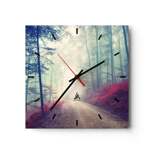 Wanduhr - Glasuhr - Ein magischer Waldweg, umgeben von Bäumen und Nebel - 30x30cm - Wie gut ist es, im Morgengrauen aufzustehen - Moderne Wanddekoration für Wohnzimmer und Schlafzimmer ARTTOR