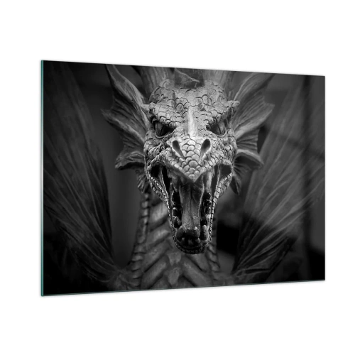 Glasbild - Bild auf glas - Detailliertes Porträt eines Drachen in Schwarzweiß - 100x70cm - Ein märchenhafter Drache in Grau - Moderne Wanddekoration für Wohnzimmer und Schlafzimmer ARTTOR