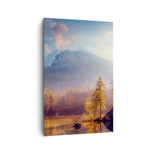 Bild auf Leinwand - Leinwandbild - Malerischer Blick auf den Bergwald und den See im Morgengrauen - 80x120cm - In den Bergen und Tälern - Moderne Wanddekoration für Wohnzimmer und Schlafzimmer ARTTOR