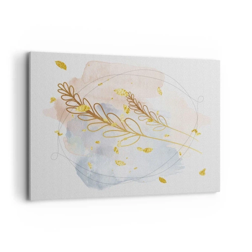 Bild auf Leinwand - Leinwandbild - Ein zartes goldenes Blattmotiv auf pastellfarbenem Hintergrund mit Aquarelldetails. - 100x70cm - Goldenr Hauch - Moderne Wanddekoration für Wohnzimmer und Schlafzimmer ARTTOR