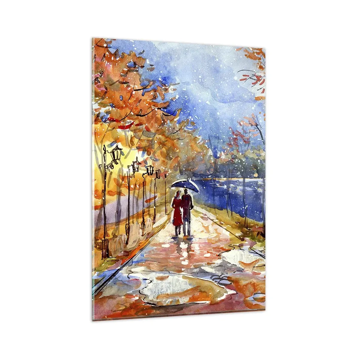Glasbild - Bild auf glas - Ein Herbstspaziergang im Park am Flussufer unter einem Regenschirm - 80x120cm - Gemeinsam bis an die Grenze der Zeit - Moderne Wanddekoration für Wohnzimmer und Schlafzimmer ARTTOR
