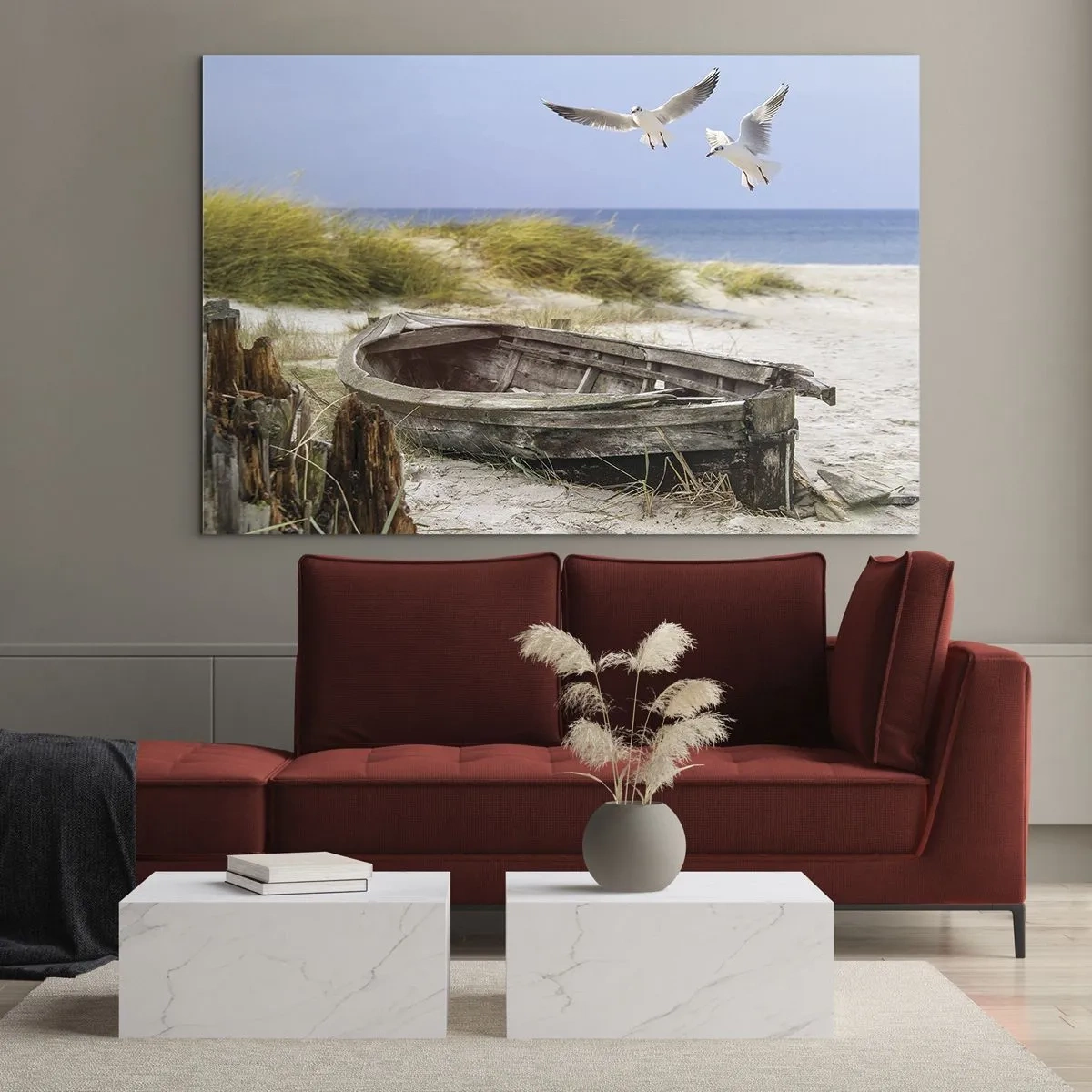 Glasbild - Bild auf glas - Holzboot am Strand mit Möwen im Flug - 70x50cm - In Wind gebadet - Moderne Wanddekoration für Wohnzimmer und Schlafzimmer ARTTOR