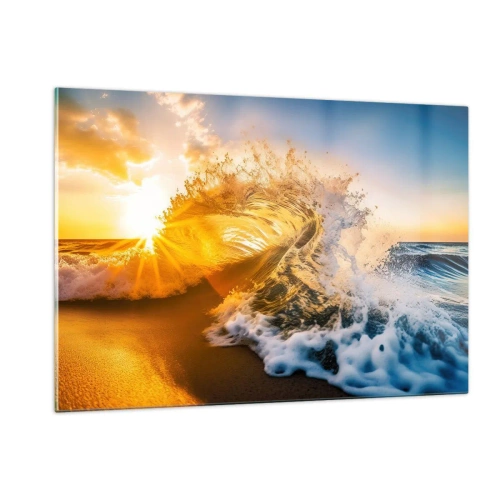 Glasbild - Bild auf glas - Eine Welle, die gegen die Küste bricht, beleuchtet von den Strahlen der untergehenden Sonne - 120x80cm - Spaß im Sand - Moderne Wanddekoration für Wohnzimmer und Schlafzimmer ARTTOR