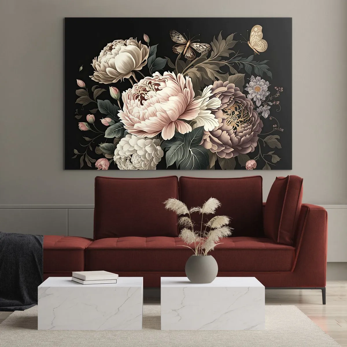 Glasbild - Bild auf glas - Blumenkomposition mit Schmetterlingen auf schwarzem Hintergrund - 70x50cm - Im Barockstil - Moderne Wanddekoration für Wohnzimmer und Schlafzimmer ARTTOR