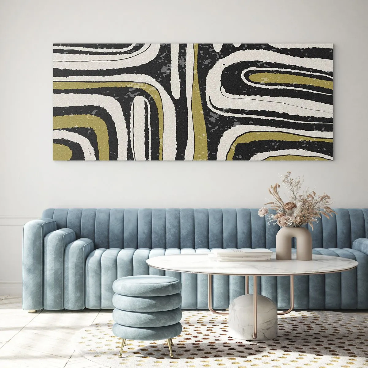 Glasbild - Bild auf glas - Abstraktes Muster in Schwarz, Weiß und Gold - 140x50cm - Komposition: Straßen und Gassen - Moderne Wanddekoration für Wohnzimmer und Schlafzimmer ARTTOR