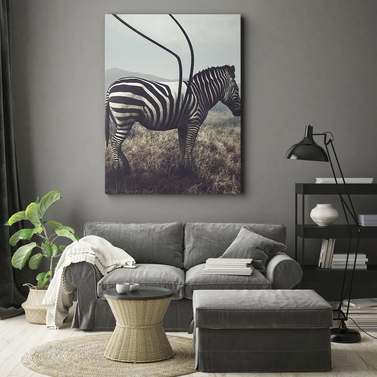 Bild auf Leinwand - Leinwandbild - Ein surreales Zebra vor einer grasbewachsenen Landschaft - 50x70cm - Achtung! Fehler - Moderne Wanddekoration für Wohnzimmer und Schlafzimmer ARTTOR