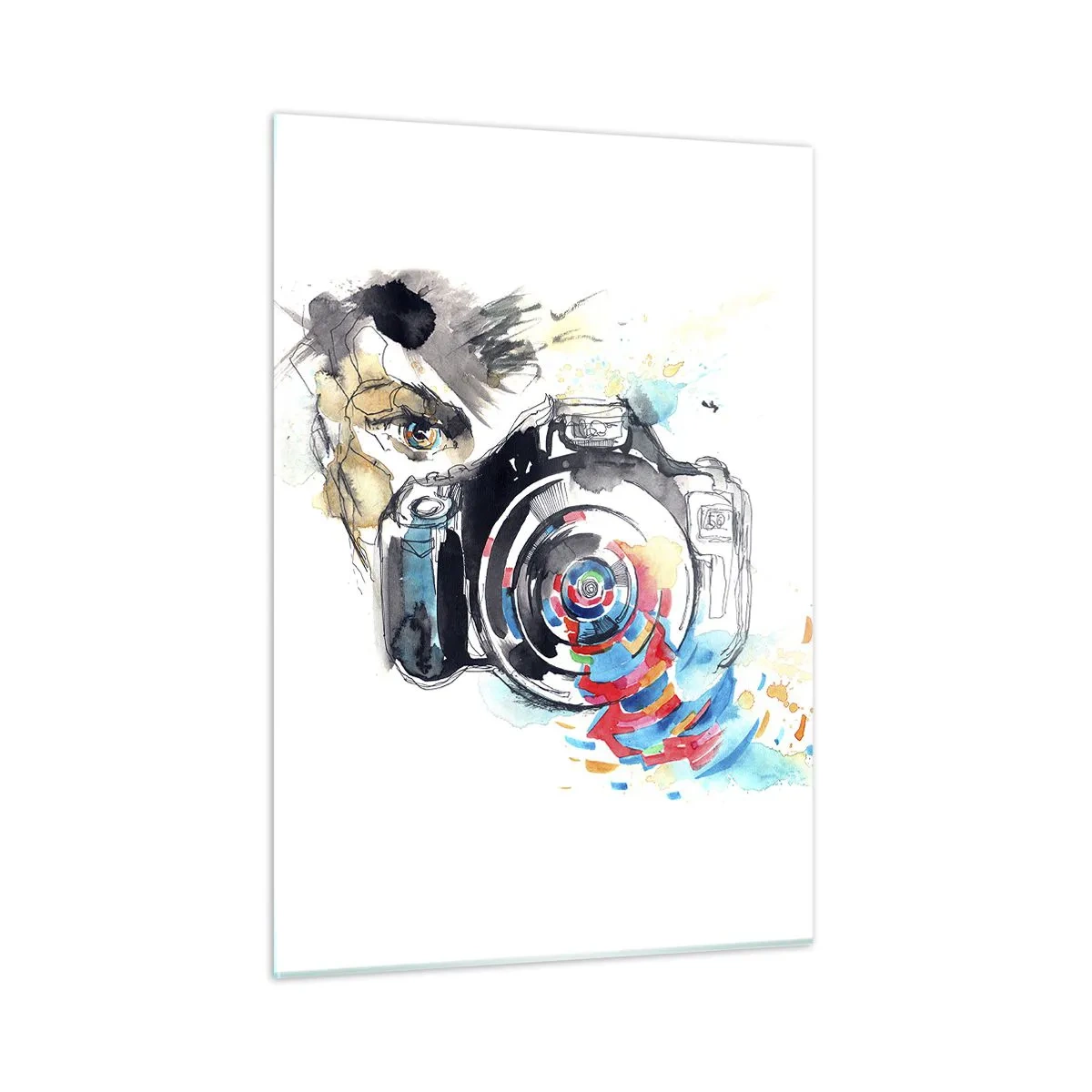 Glasbild - Bild auf glas - Kamera mit abstrakten bunten Elementen - 50x70cm - Im Auge der Linse - Moderne Wanddekoration für Wohnzimmer und Schlafzimmer ARTTOR