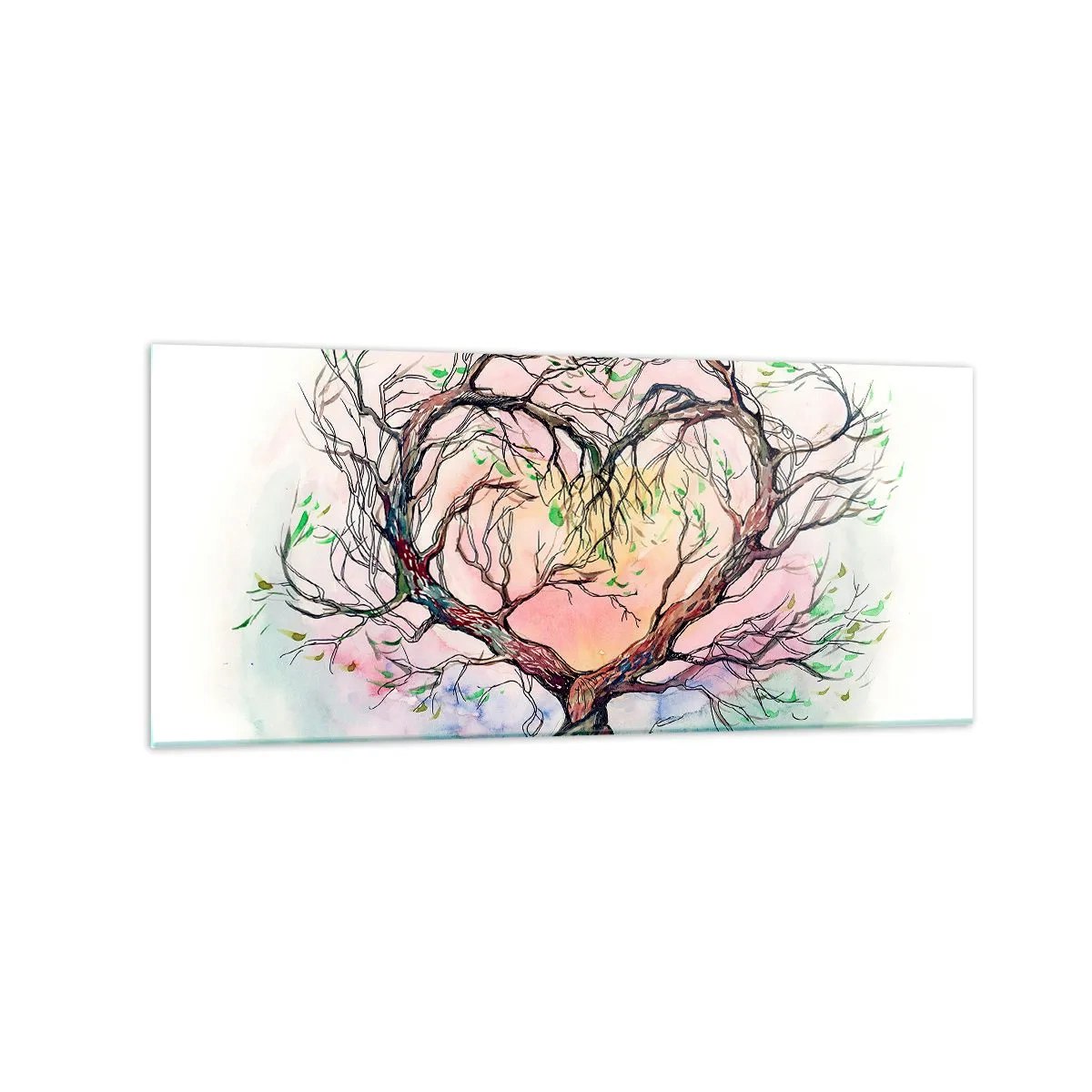 Glasbild - Bild auf glas - Ein herzförmiger Baum vor einem Hintergrund aus zarten Pastellfarben - 120x50cm - Gemeinsam gegen die Stürme - Moderne Wanddekoration für Wohnzimmer und Schlafzimmer ARTTOR