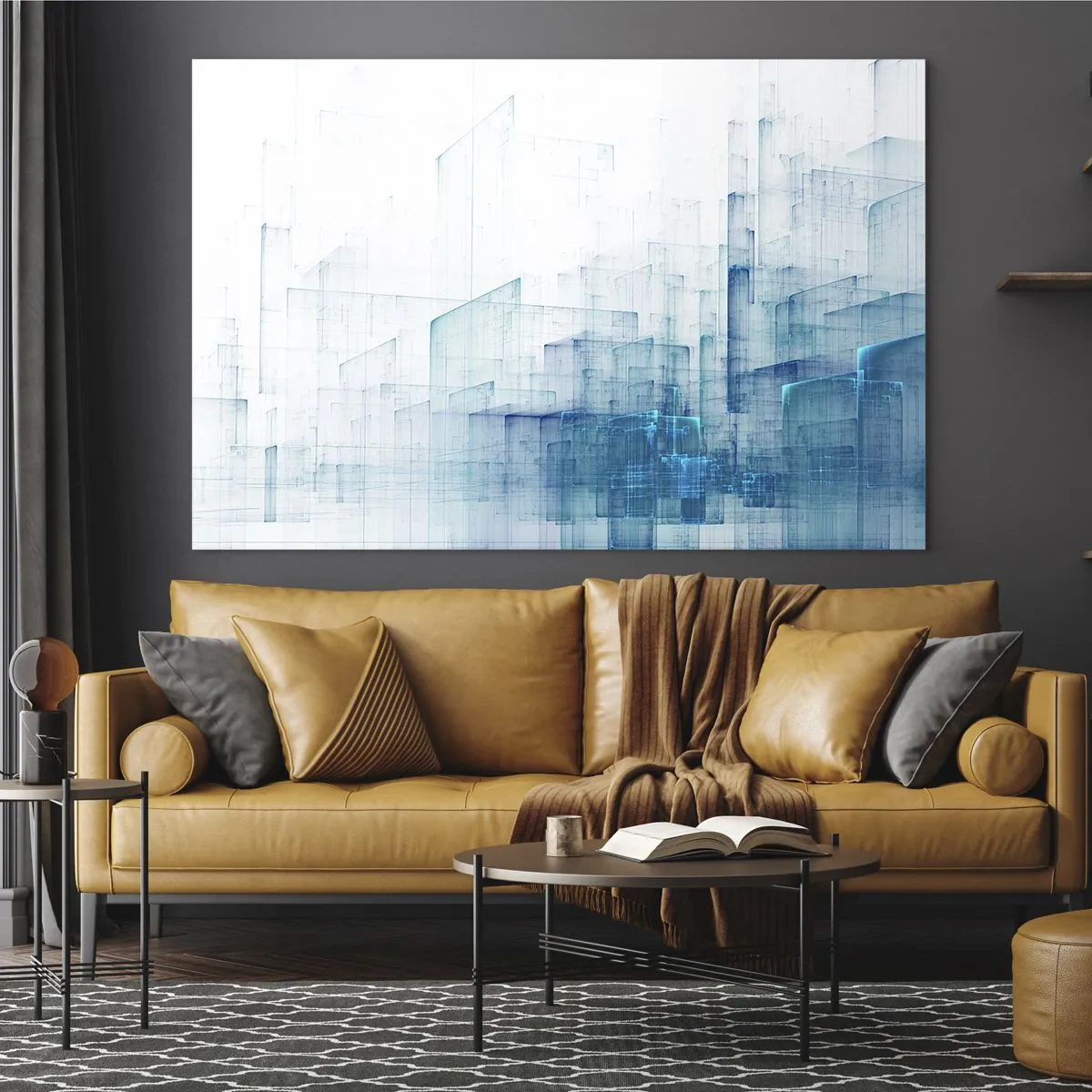 Glasbild - Bild auf glas - Abstrakte geometrische Komposition in Blautönen - 100x70cm - Wie der Raum wgeschaffen urde - Moderne Wanddekoration für Wohnzimmer und Schlafzimmer ARTTOR