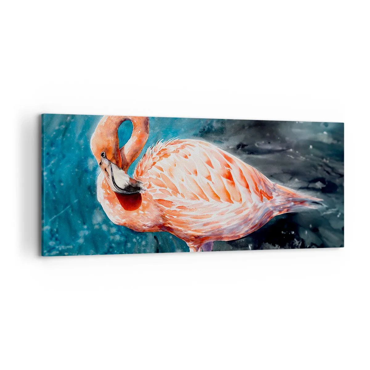 Bild auf Leinwand - Leinwandbild - Ein rosa Flamingo auf einem aquarellblauen Hintergrund - 120x50cm - Von Natur aus dekorativ - Moderne Wanddekoration für Wohnzimmer und Schlafzimmer ARTTOR
