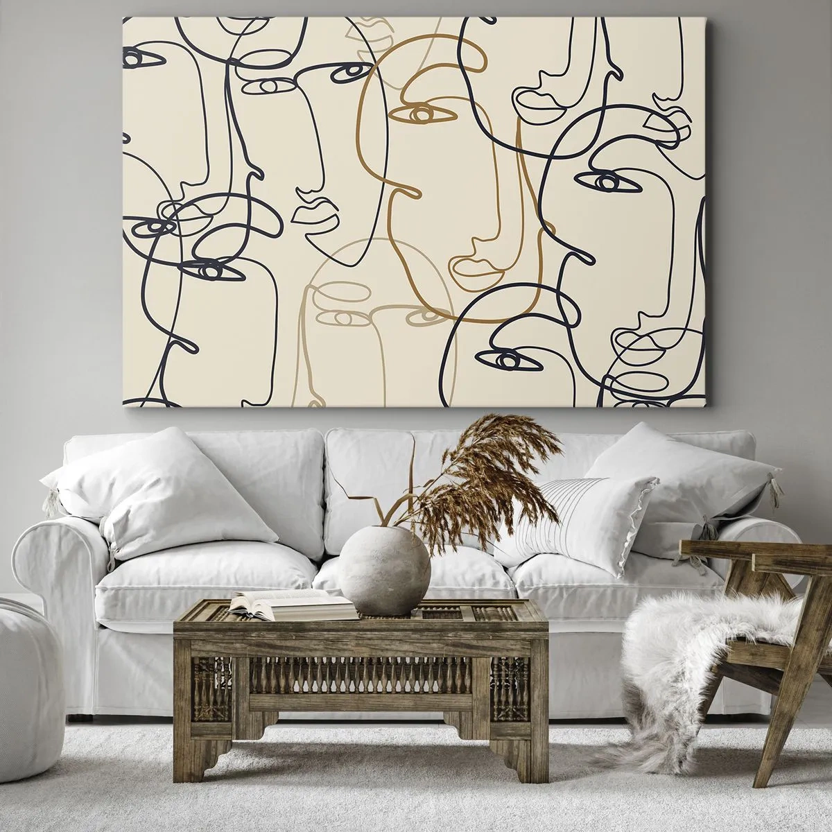 Bild auf Leinwand - Leinwandbild - Minimalistische Strichzeichnungen von Gesichtern auf hellem Hintergrund - 70x50cm - Das Porträt wird multipliziert - Moderne Wanddekoration für Wohnzimmer und Schlafzimmer ARTTOR