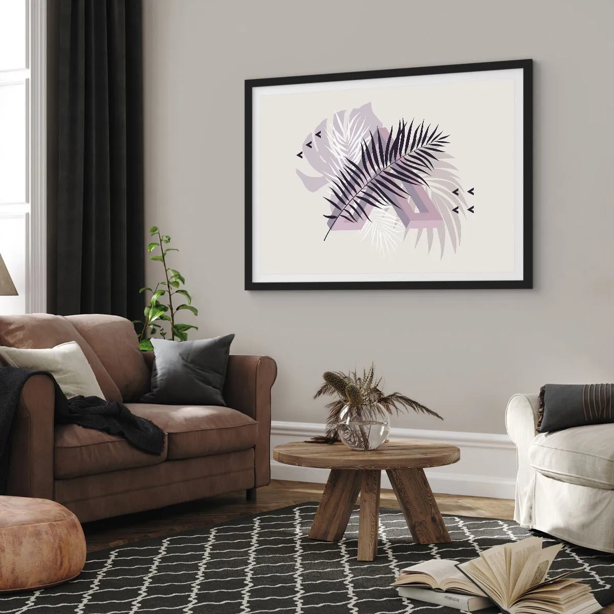 Poster in einem schwarzem Rahmen - Eine minimalistische Komposition mit Blättern und geometrischen Formen - 70x50cm - Der Schatten des Schattens - Moderne Wanddekoration für Wohnzimmer und Schlafzimmer ARTTOR