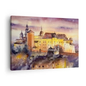 Bild auf Leinwand - Leinwandbild - Ein malerisches Aquarell einer Burg bei Sonnenuntergang - 70x50cm - Geschichte und Märchen - Moderne Wanddekoration für Wohnzimmer und Schlafzimmer ARTTOR