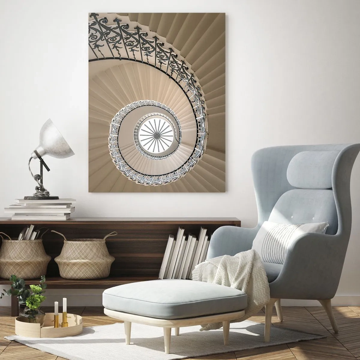 Glasbild - Bild auf glas - Ein Blick auf eine Wendeltreppe, die einer Muschel ähnelt - 50x70cm - Im Inneren der Muschel - Moderne Wanddekoration für Wohnzimmer und Schlafzimmer ARTTOR