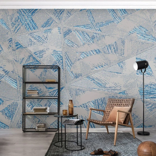 Fototapete Premium Sand - Geometrisches Muster in Grau- und Blautönen - 100x70cm - In einem blaugrauen Labyrinth - Moderne Wanddekoration für Wohnzimmer und Schlafzimmer ARTTOR