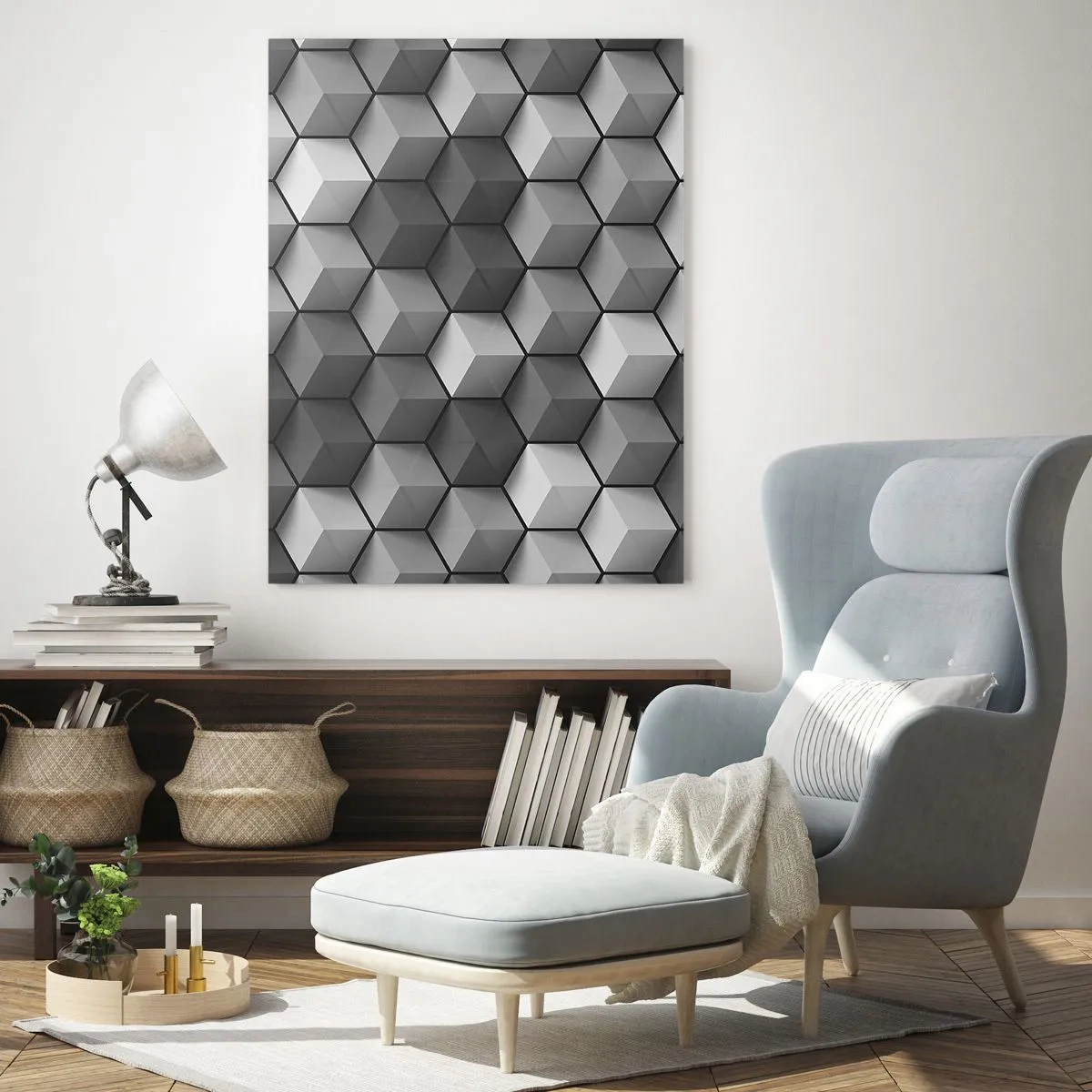 Glasbild - Bild auf glas - Geometrische Würfel in Grautönen - 50x70cm - Kubistisches Puzzle - Moderne Wanddekoration für Wohnzimmer und Schlafzimmer ARTTOR