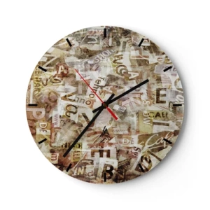 Wanduhr - Glasuhr - Abstrakte Komposition mit Buchstaben in Beige- und Brauntönen - 30x30cm - Ich vereinige das Geschwätz - Moderne Wanddekoration für Wohnzimmer, Küche und Schlafzimmer ARTTOR
