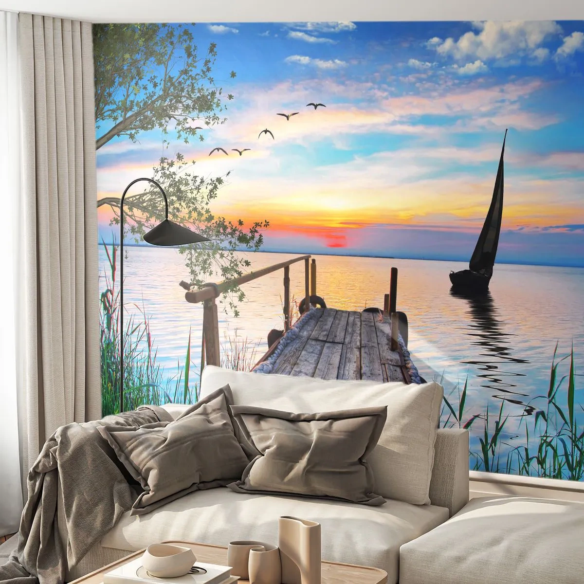 Fototapete Premium Sand - Holzsteg über dem See bei Sonnenuntergang - 100x70cm - Guten Abend - Moderne Wanddekoration für Wohnzimmer und Schlafzimmer ARTTOR