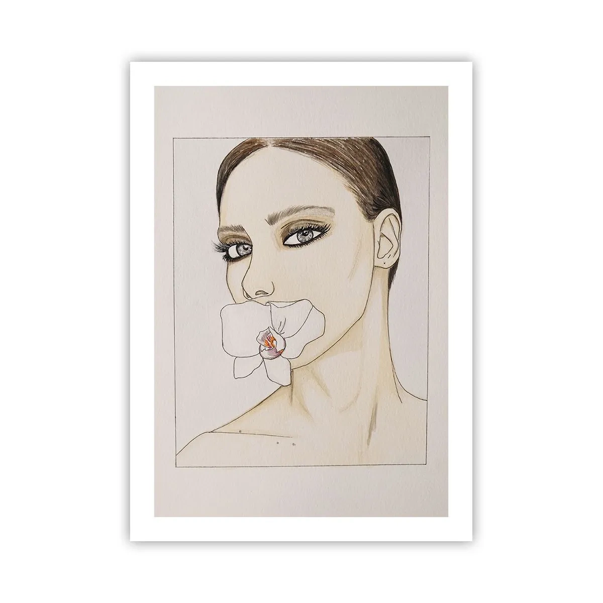 Poster - Porträt einer Frau mit einer Orchidee auf den Lippen - 50x70cm - Ein Symbol für Eleganz und Schönheit - Moderne Wanddekoration für Wohnzimmer und Schlafzimmer ARTTOR