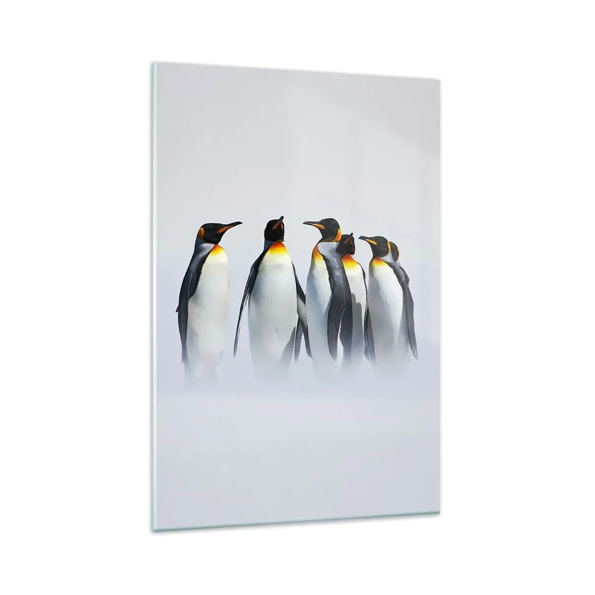 Glasbild - Bild auf glas - Eine Gruppe Kaiserpinguine im Winternebel - 80x120cm - Treffen in Abendkleidern - Moderne Wanddekoration für Wohnzimmer und Schlafzimmer ARTTOR