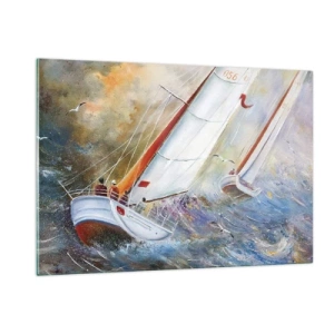 Glasbild - Bild auf glas - Segelboote in rauer See während einer Regatta - 120x80cm - Durch die Wellen laufend - Moderne Wanddekoration für Wohnzimmer und Schlafzimmer ARTTOR