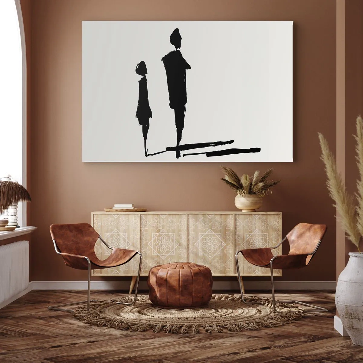 Bild auf Leinwand - Leinwandbild - Silhouetten von zwei Menschen in Schwarz auf hellem Hintergrund - 120x80cm - Mit Sicherheit zusammen? - Moderne Wanddekoration für Wohnzimmer und Schlafzimmer ARTTOR