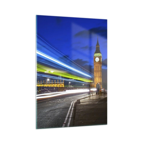 Glasbild - Bild auf glas - Big Ben bei Nacht mit verschwommenen Autolichtern - 50x70cm - Unter den wachsamen Augen von Big Ben - Moderne Wanddekoration für Wohnzimmer und Schlafzimmer ARTTOR