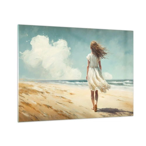 Glasbild - Bild auf glas - Eine Frau in einem weißen Kleid läuft barfuß an einem sonnigen Strand - 70x50cm - Der Sonne und dem Wind begegnen - Moderne Wanddekoration für Wohnzimmer und Schlafzimmer ARTTOR