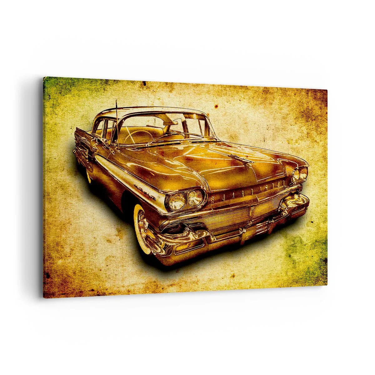 Bild auf Leinwand - Leinwandbild - Ein goldenes klassisches Retro-Auto auf einem Vintage-Hintergrund mit gealtertem Effekt. - 100x70cm - Die unvergängliche Schönheit der Klassiker - Moderne Wanddekoration für Wohnzimmer und Schlafzimmer ARTTOR