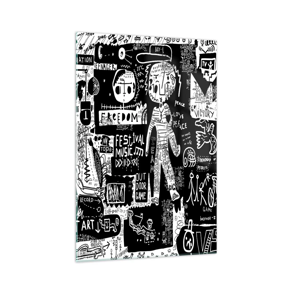 Glasbild - Bild auf glas - Von der Straßenkunst inspirierte Schwarz-Weiß-Collage - 70x100cm - Spirituelle Jugend des Gesetzes und der Freude - Moderne Wanddekoration für Wohnzimmer und Schlafzimmer ARTTOR